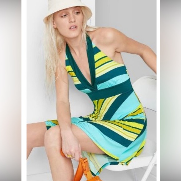 NWT Wild Fable Teal & Yellow Striped Halter A-Line Dress Handkerchief Hem XL - Picture 3 of 14